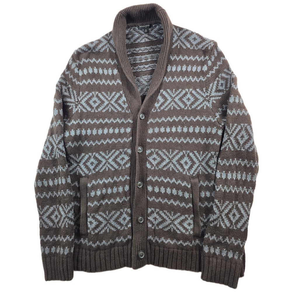Banana Republic Fair Isle Cardigan Men XL Brown Cotton Wool Shawl Collar Sweater